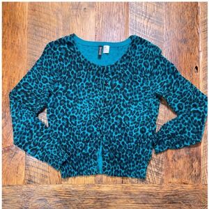 H&M Divided Teal Black Leopard Print Cardigan Sweater Crew Neck Button‎ Front XS